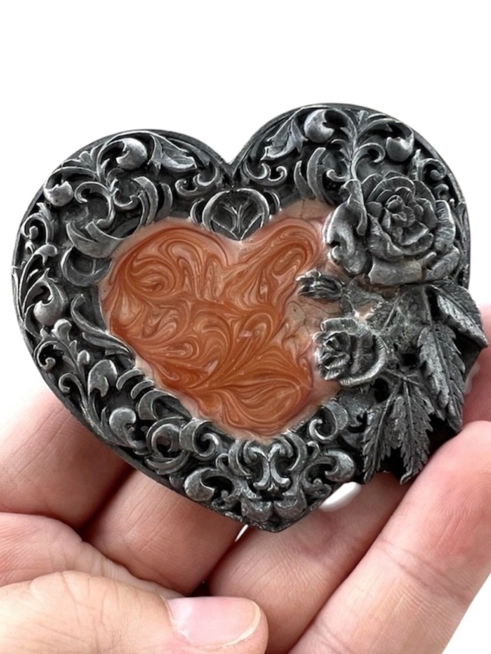 Vintage Handmade Pewter Floral Heart 3D Belt Buckle 1995
